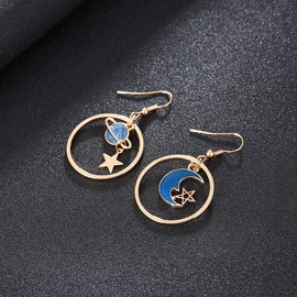 SUNSCSC Enamel Moon Star Earth Planet Drop Hook Earrings Long Pendant Dangle Jewelry for Woman (Short W756)