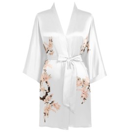 BABEYOND Kimono Robe Cover up Short Satin Floral Silky Kimono Blouse Loose Bachelorette Party Robe