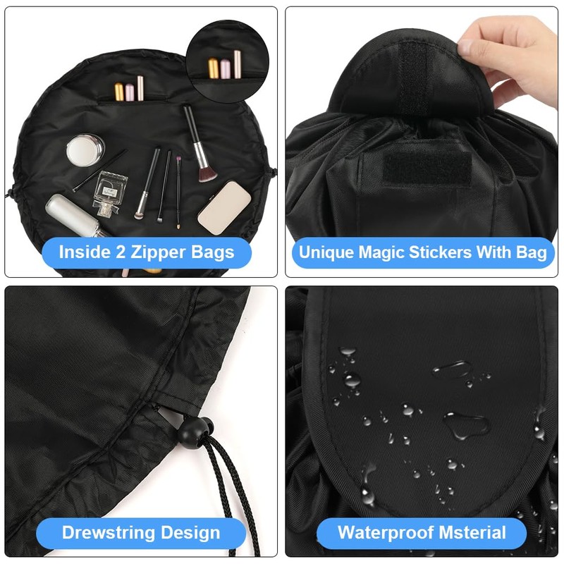 URAQT Lay Flat Drawstring Makeup Bag, Large-Capacity Travel Cosmetic Pouch,