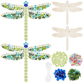 WEBEEDY Make 2 Dragonfly Glass Mosaic Kit - Creativity DIY Mosaic Kit for Adults - Include Glass Mosaic Tiles, Wooden Chips, Ribbon for Christmas Holiday Unique Decor Gift