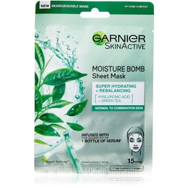 Garnier Moisture Bomb Green Tea and Hyaluronic Acid Sheet Mask, Hydrating & Rebalancing Face Mask, For Sensitive Skin, Biodegradable and Vegan Tissue, 28g