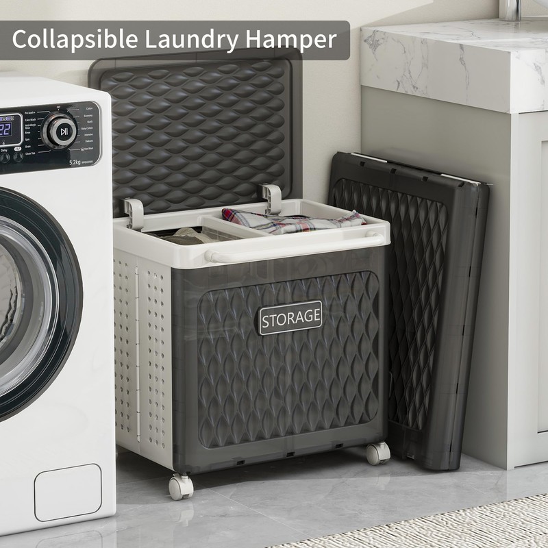 Laundry Hamper with Wheels and Lid, Foldable Clothes Basket for