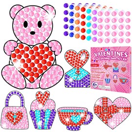 Qyeahkj 6 Pcs Valentine's Day Arts Crafts DIY Heart Bear Gem Diamond Suncatcher Crafts for Kids Valentines Diamond Painting Gifts Exchange for Kids Aged 4 6 8 10 12 for Home School Party Decor