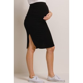 LaClef Women's Side Split High Waist Midi Maternity Skirt (Medium, Black)