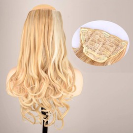 DIGUAN One Piece Clip in Hair Extensions Curly Curl Wave Full Head Long 24" 0.35lb 155g U part Synthetic Hairpiece For Women Natural Real Hair Piece (#White Golden Marbling)