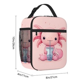 Kamoxi Cute Axolotl Lunch Box for Girls, Kawaii Pink Axolotl Drinking Bubble Tea Insulated Lunch Bag for School Work, Reusable Thermal Leakproof Lunchbox Meal Tote with Adjustable Handle Strap