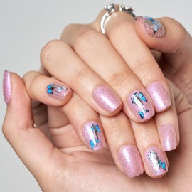 GLAMERMAID Light Pink Press on Nails Extra Short Square, Y2K 3D Butterfly Gel Fake Nails Round Squoval, Spring Summer Shimmer Acrylic Glue on False Nails Tips, Glitter Square Stick on Nail for Women