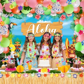 Auihiay 143 PCS Aloha Party Decorations, Luau Party Decorations with Hawaiian Table Skirt, Leis, Balloons, Aloha Backdrop, 3D Straws, Palm Leaves and More, Tropical Birthday Party Decorations