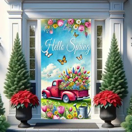BlissYard Spring Door Cover 71x35 Inch Truck Door Banner Hello Spring Banner Spring Porch Sign Spring Door Banner Decorations Seasonal Welcome Decor for Garden Outdoor Yard House Party Supplies