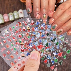 30Pcs/Set Glitter Christmas Nail Sticker 3D Self- Adhesive Nail Decals with Cute Penguin Deer Snowman Snowflake Elk Santa Claus Design Xmas Nail Art Stickers for Women Winter Holiday Nail Decorations