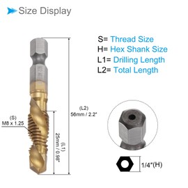CoCud Combination Drill Tap Bit, M8 x 1.25 Thread Size 1/4" Hex Shank, 4341 Titanium Coated High Speed Steel Tools - (Applications: for Aluminum Stainless Steel Plastic), 2-Pieces