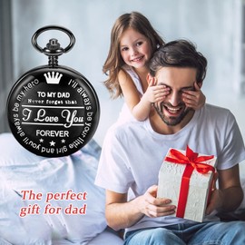Tiong Dad Gift from Daughter to Father Engraved Pocket Watch -Father's Day Birthday Gift Men's Quartz Pocket Watch with Chain(Black)
