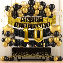 Black and Gold 10th Birthday Decorations for Boys Him, Happy 10th Birthday Party Decorations for Him Her, Gold Tinsel Fringe Garland, Banner, Number Balloons, Table Cloth, Swirls and Foil Balloons