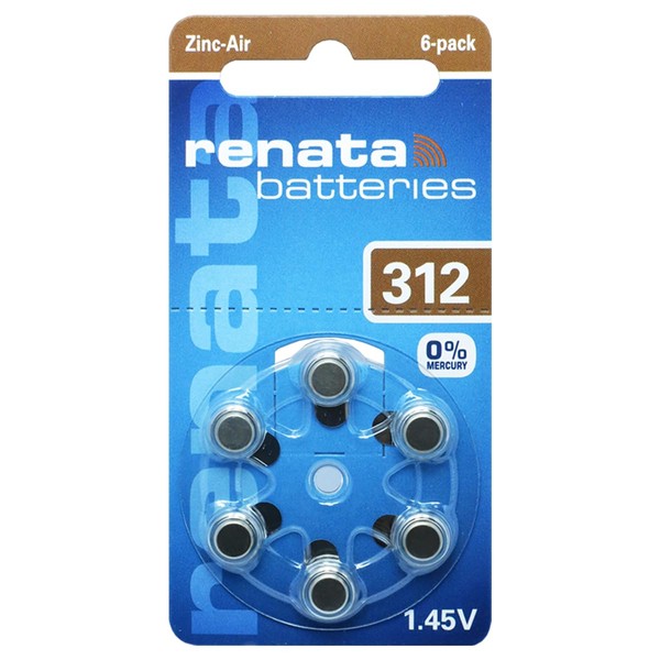 Renata Size 312 Zinc Air 1.45V Hearing Aid Battery - Designed in Switzerland (60 Batteries)