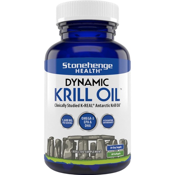 Stonehenge Health Dynamic Krill Oil Antarctic Ocean (Triple Strength) 1,600 mg Superior Absorption Omega-3 EPA, DHA, Phospholipids, & Astaxanthin -Joint, Brain, Immunity, & Heart Support (60 softgels)
