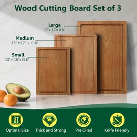 Acacia Wood Cutting Boards for Kitchen Set of 3, Wooden Chopping Board with Holder, with Deep Juice Groove Grip Handles, Charcuterie Boards, Butcher Block for Meat, Vegetables and Fruits and Cheese