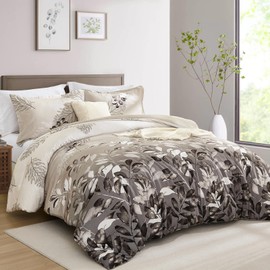 DJY Beige Comforter Set Queen, 3 Piece Brown Botanical Leaves Comforters with 2 Pillow Shams Queen Sizes Reversible Floral Comforter Sets Soft Microfiber Bedding Set for All Season (90"x90")