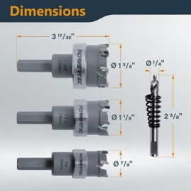 POWERTEC Heavy-Duty Carbide Hole Saw 3PC Kit with Spring-Loaded Pilot Drill Bit – Includes 7/8", 1-1/8", 1-3/8" Cutters, Extra Pilot Bit, Allen Key, and Molded Carrying Case (14909)