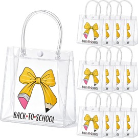 Gilprop 12 Pcs Back to School Clear Gift Bags with Handles, Cute Pencil Bow PVC Transparent Treat Tote Goodie Bags for First Day of School Gifts Party Favors, Rewards, 5.9"x6.3"x2.76"