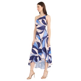 Maggy London Women's One Shoulder High Low Midi Elegant Structured Fabric-Wedding Guest Dress, Navy/Blush