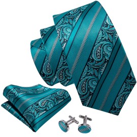 Barry.Wang Silk Neckties Teal Green Ties for Men Set with Hanky Cufflinks Woven