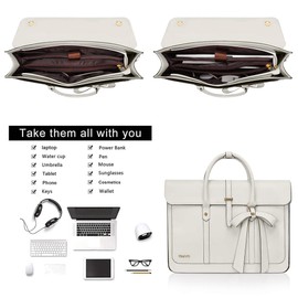 MOSISO Laptop Bag for Women, 13-14 inch PU Leather Laptop Shoulder Bags Convertible Backpack, 13.3 inch Messenger Bags Casual Handbag Work Briefcase Travel Computer Bag with Bowknot, Beige