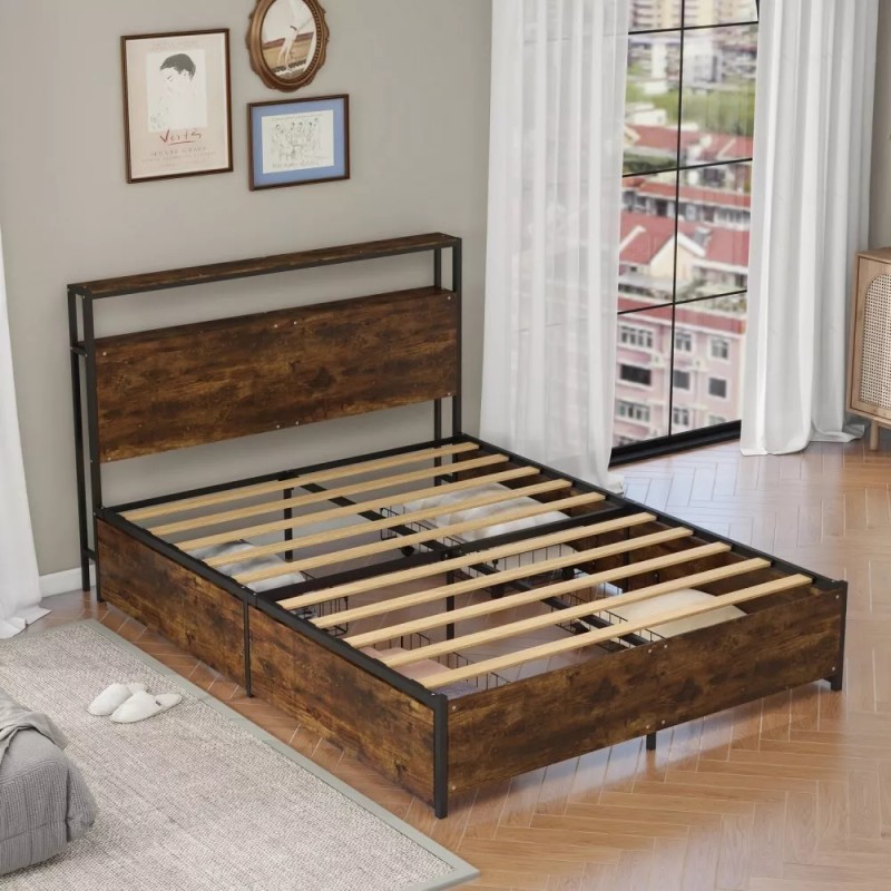 Panana Full/Queen Bed Frame,Industri - Black&Brown, Queen
