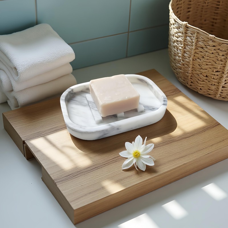 Jusmioke Natural Marble Soap Dish for Bathroom Shower Sink，Stone Soap