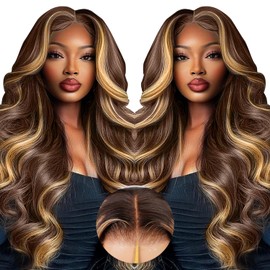 28in Ombre Lace Front Wig Human Hair 7x5 Ombre Glueless Wigs Human Hair Pre Plucked Pre Cut 4/27 Highlight Body Wave Wig 220 Density Blonde Highlight Wig Human Hair For Women Brown and Blonde Wigs