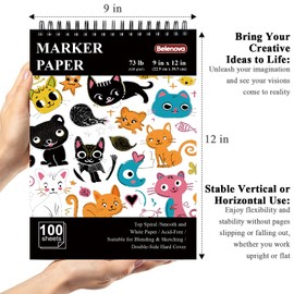 9" x 12" Marker Paper Pad, 100 Sheets Marker Paper Sketchbook, 73lb/120gsm Alcohol Marker Paper, Marker Sketchbook Bleedproof for Drawing Coloring Kids Art Supplies.
