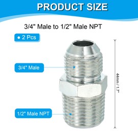 PATIKIL Hex Reducing Nipple Connectors Pipe Adapter 3/4" Male 37° Flare JIC x 1/2" Male NPT, 2 Pack Pipe Fitting Reducer Nipple Adapter Plated Steel Hydraulic Fitting