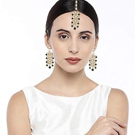 Aheli Pearl Crystal Floral Pendiente Maang Tikka Set para mujer Indian Traditional Bollywood Jewelry Set