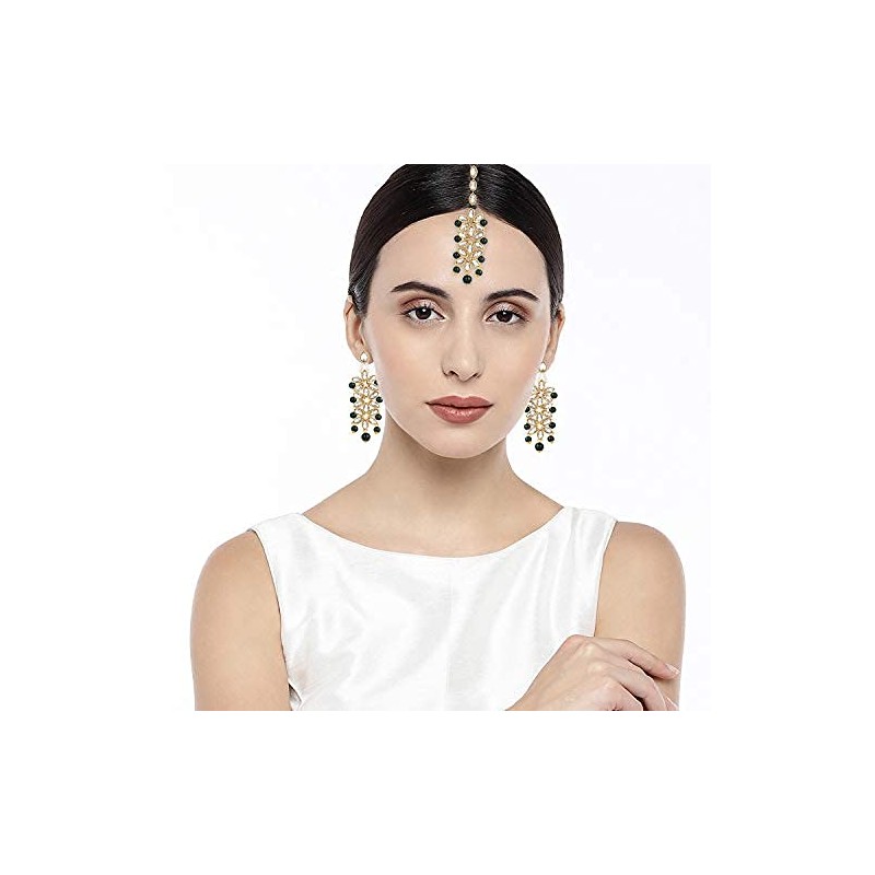 Aheli Pearl Crystal Floral Pendiente Maang Tikka Set para mujer
