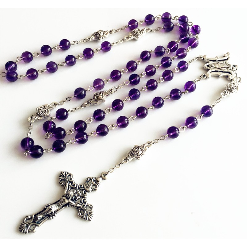 elegantmedical HANDMADE AMETHYST ROSE BEADS 5 DECADE ROSARY ITALY CROSS