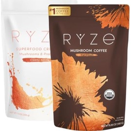 RYZE SUPERFOODS RYZE n Shine Bundle, USDA Organic Mushroom Medium Roast Coffee + Probiotic Coffee Creamer with 6 Adaptogenic Mushrooms for Better Energy, Focus, Digestion, Immunity, 30 + 30 Servings