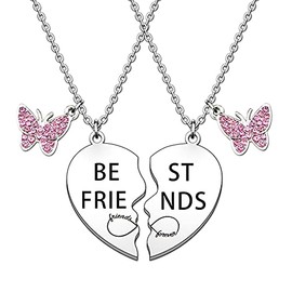 HULALA Best Friend Necklaces For 2 Girls BFF Best Friends Gifts Friendship Puzzle Heart Necklace Set Charm Pink Rhinestone Butterfly Pendant Necklace Jewellery