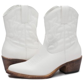 GLOBALWIN Women's White Cowgirl Boots Short Cowboy Boots For Women Mid Calf Western Boots With Embroidery Side Zipper Chunky Heel Size 10M