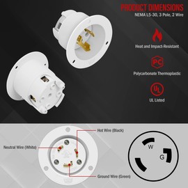 ENERLITES NEMA L5-30 Flanged Inlet Generator Plug, Locking Receptacle Socket, 30 Amp, 125 Volt, 2 Pole, 3 Wire Grounding, Industrial Grade, 66453-W, White