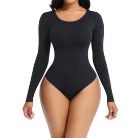 Soo slick Seamless Shapewear Bodysuit for Women - Fits Everybody Long Sleeve Crew Neck Thong Body Sculpting Top Black 3XL/4XL