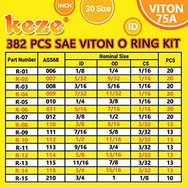 KEZE Juego de 382 piezas de 30 tamaños SAE O Ring Surtido Kit 75A Durómetro Viton O-Ring Set para fontanería profesional, automóviles, motores varios productos químicos con 4 herramientas de extracción de juntas tóricas