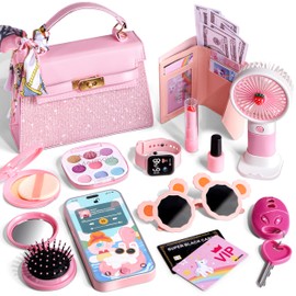 Play Purse for Girls, 32PCS Toddler Purse with Pretend Makeup for Kids, My First Purse Set Includes Handbag, Phone, Wristwatch, Fans, Silk Scarf Kids Toy Purse Birthday Gift for Girls Age 3 4 5 6