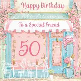 Hunts England - 50th Friend La Petite Patisserie Birthday Card - Charming Pink Bakery, Pretty French Cafe Female Floral Design - Age 50 Happy Birthday Friend Card - Milo's Gallery