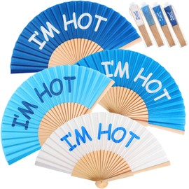 Chuangdi 4 Pcs I'm Hot Folding Fan for Line Dancing Handheld Wooden Foldable Rave Hand Fans with Organza Bags for Women Men Gifts Concerts Festival Wedding Party Favors Decoration(Blue)