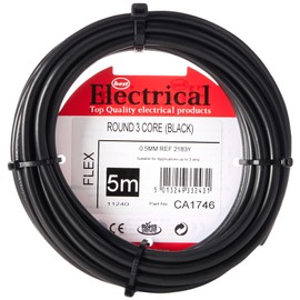 Merriway BH01494 3-Core Round Black Flexible Cable 2183Y 0.5 mm - 5 Metre Cut Length