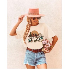 Desert Cactus Graphic T Shirts for Women Summer Trip Travel Nature Sunrise Vintage Graphic Tees Khaki M