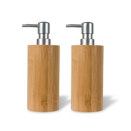 ABBI NIMO 2 Pack Natural Bamboo Liquid Soap Dispensers, 10 oz Refillable Bottles with Silver Plastic Pumps for Bathroom or Kitchen Countertop
