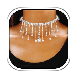 JAKAWIN Rhinestone Choker Necklace Silver Sparkly Tassel Pendant Necklaces Jewelry for Women
