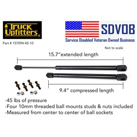 2 Truck Upfitters 16" Gas Props (15.7" Extended, 9.4" Compressed, 45 pounds of Pressure ea) for are, ATC, Snugtop, Leer Camper Shell/Truck Cap Rear Door. Measurement Required! Incl 4 Ball mounts!