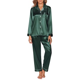 GAESHOW Pyjamas for Women Silk Pjs for Women Soft Silk Satin Long Sleeve Button Down Sleepwear and Loungewear for All Seasons S-XXL Green