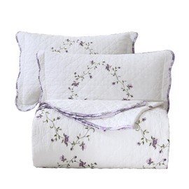 vctops 3-Piece Elegant Floral Embroidered Bedspread Coverlet Set Twin Size 100% Cotton Reversible Patchwork 1 Quilt and 2 Pillow Shams (Purple,Twin)